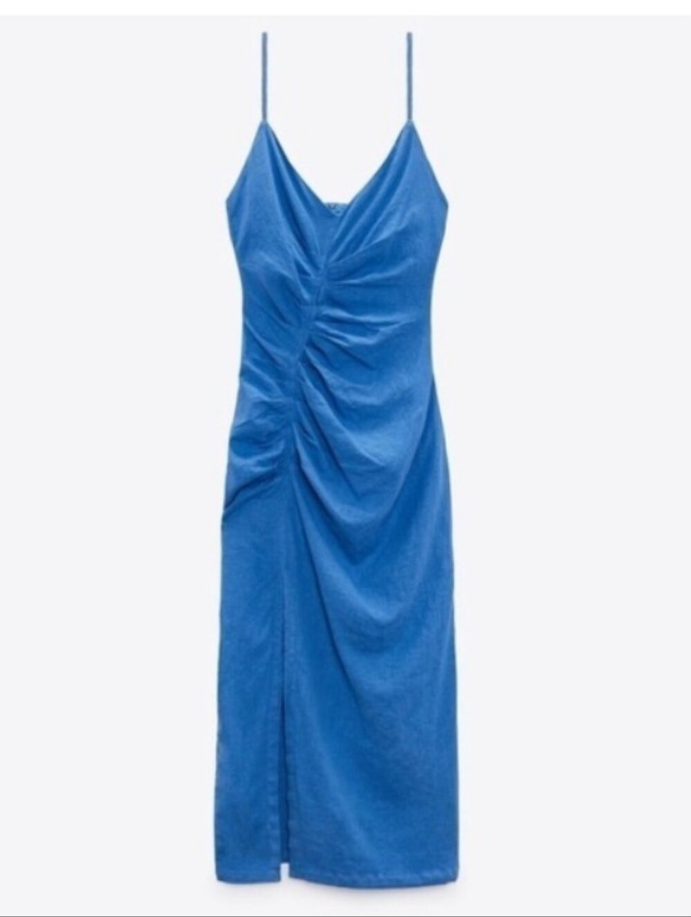 Zara Blue Ruched Midi Slip Dress